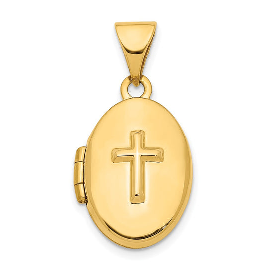 14k Raised Cross 16mm Oval Locket Pendant