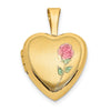14k Satin with Pink and Green Enamel Rose 12mm Heart Locket