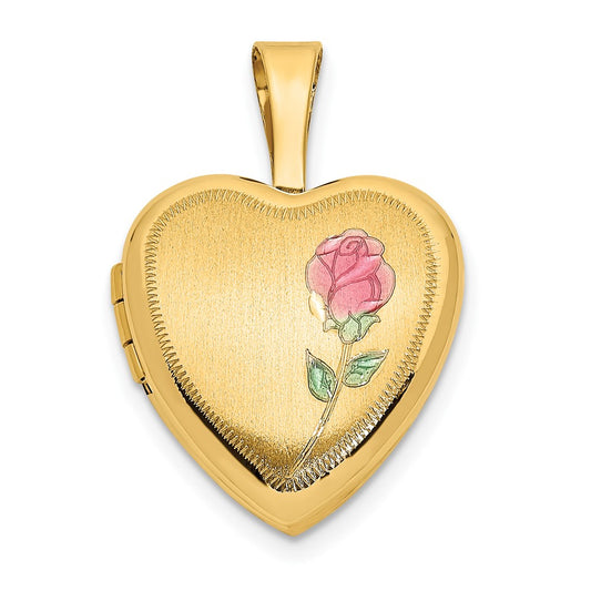 14k Satin with Pink and Green Enamel Rose 12mm Heart Locket