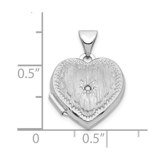 14k White Gold Brushed Diamond Star 15mm Heart Locket