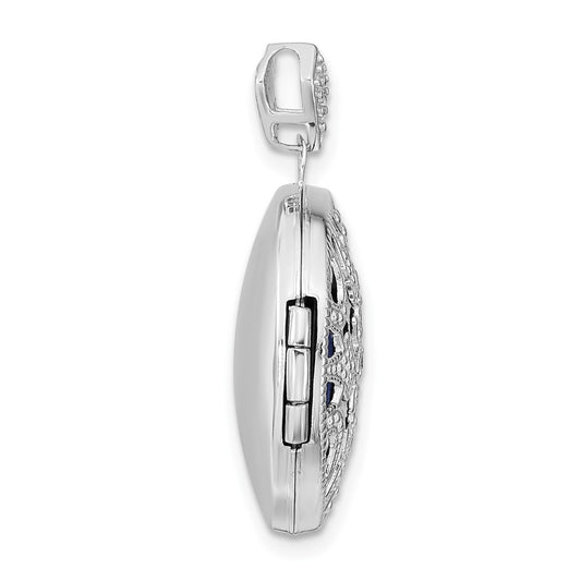 14k White Gold  .01ct Diamond Vintage Filigree with Blue Fabric Interior 20mm Round Locket