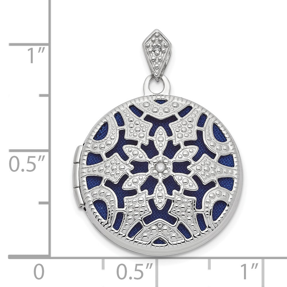 14k White Gold  .01ct Diamond Vintage Filigree with Blue Fabric Interior 20mm Round Locket
