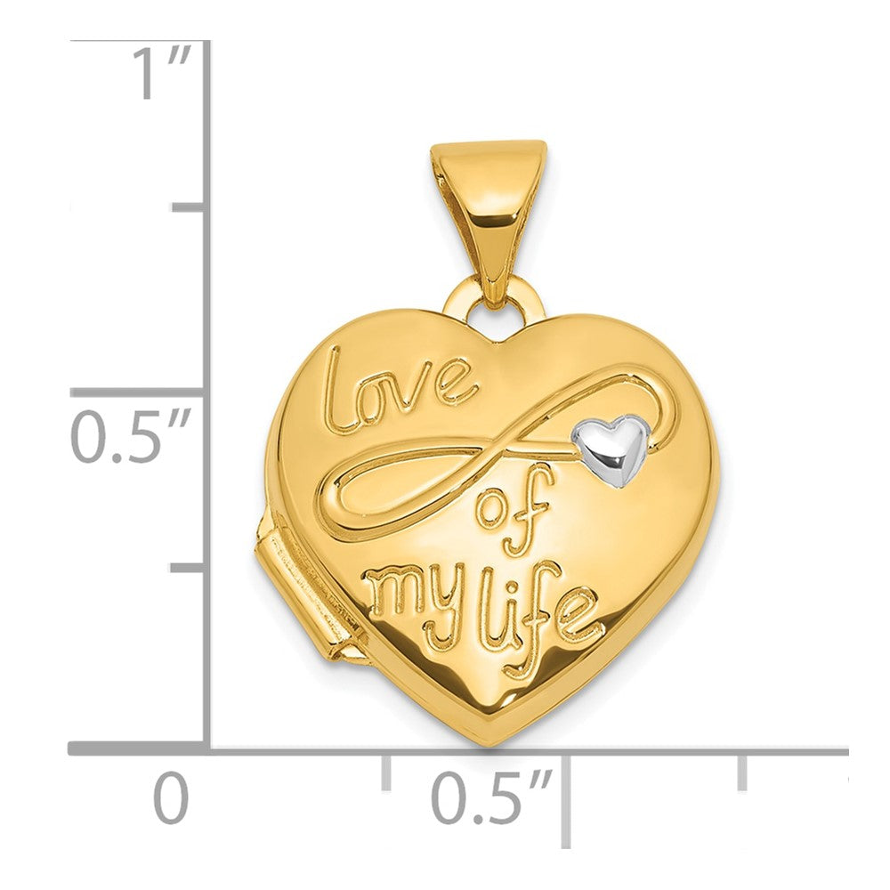14K and White Rhodium Polished LOVE OF MY LIFE with Infinity 15mm Heart Locket
