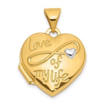 14K and White Rhodium Polished LOVE OF MY LIFE with Infinity 15mm Heart Locket