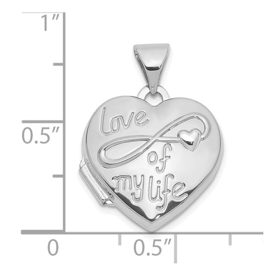 14K white Gold Polished LOVE OF MY LIFE with Infinity 15mm Heart Locket