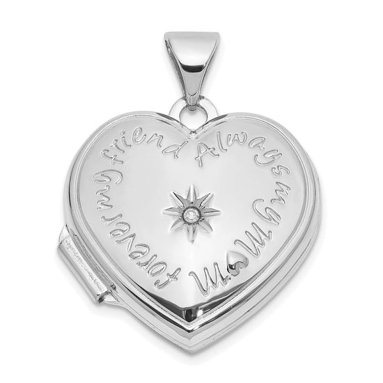14K White Gold Diamond Star FOREVER MY FRIEND ALWAYS MY MOM 18mm Heart Locket