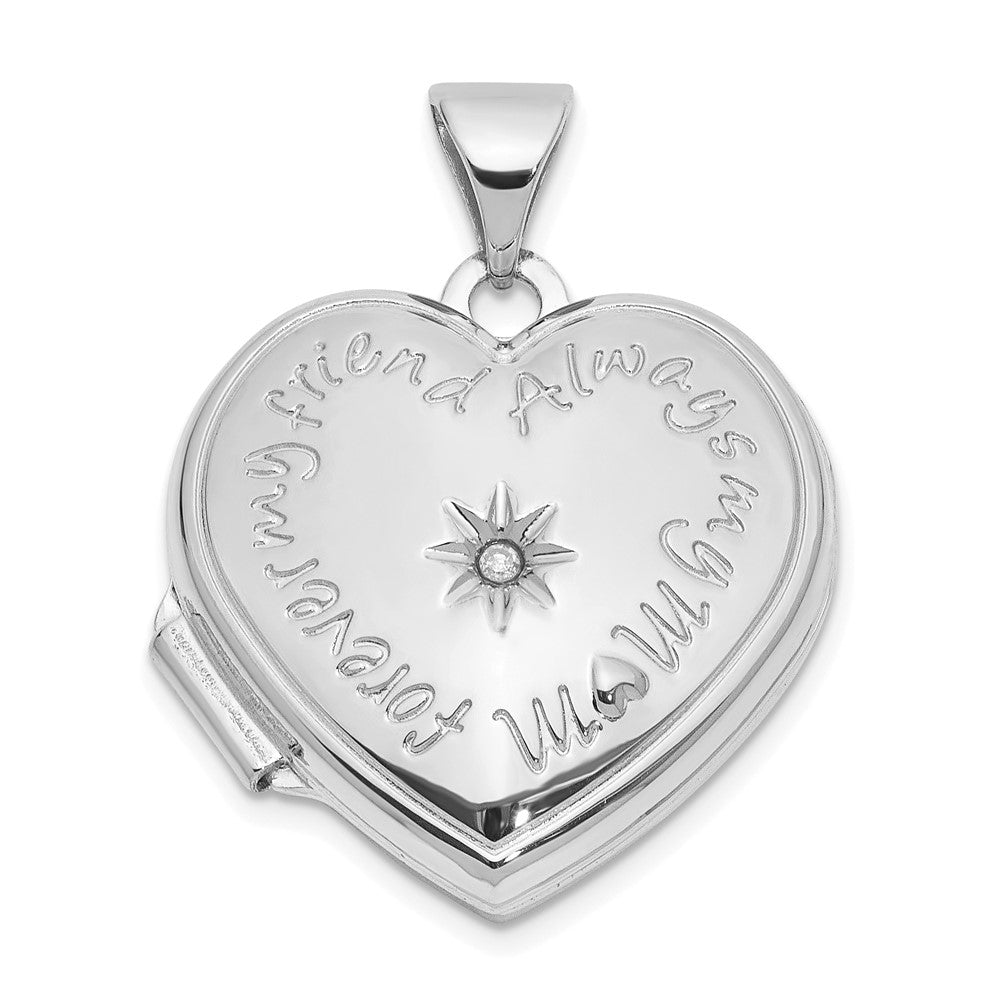 14K White Gold Diamond Star FOREVER MY FRIEND ALWAYS MY MOM 18mm Heart Locket