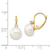 14k 10-11mm White Button Freshwater Cultured Pearl and .10 Carat Diamond Leverback Earrings