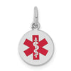 14k White Gold 9.5mm Round Red Enameled Medical Jewelry Pendant