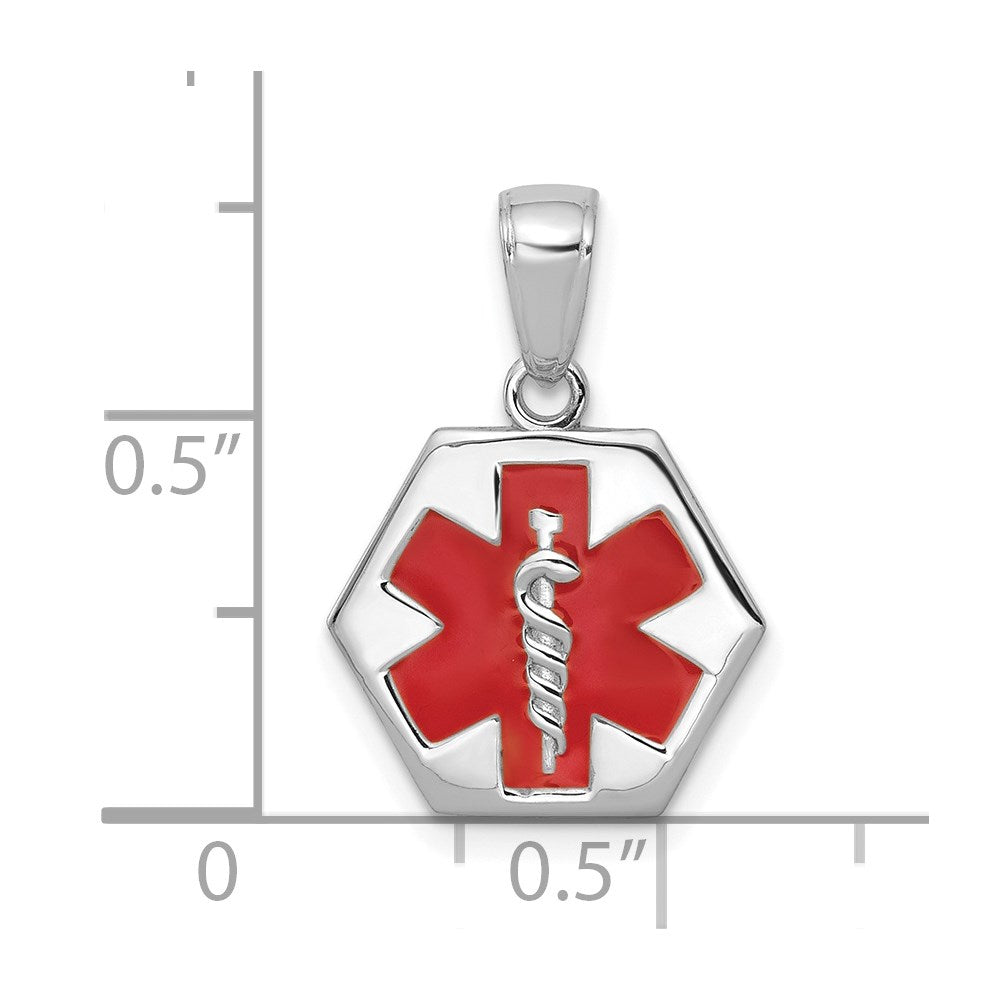 14K White Gold Textured Back Red Enameled Medical Disk Pendant