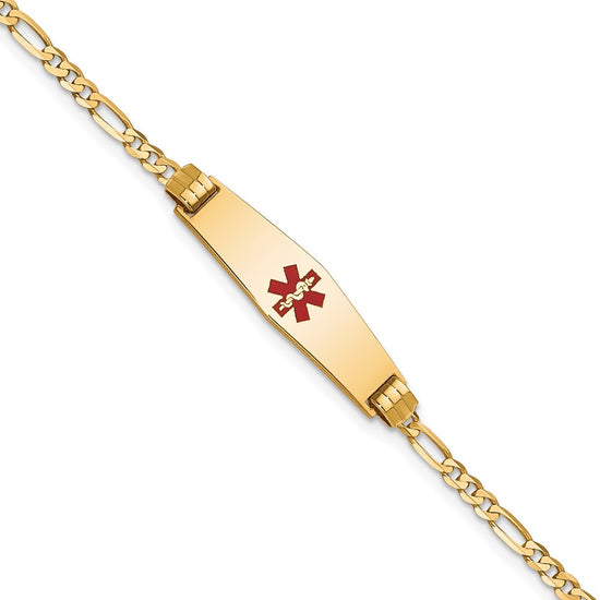 14K Medical Solid Chain/Solid Plate 24x7mm Soft Diamond Shape Centered Red Enamel Figaro Link 7 inch ID Bracelet