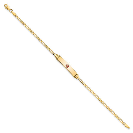 14K Medical Solid Chain/Solid Plate 26x5mm Centered Red Enamel Figaro Link 8 inch ID Bracelet