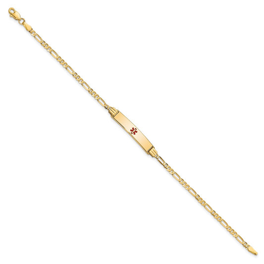14K Medical Solid Chain/Solid Plate 26x5mm Centered Red Enamel Figaro Link 7 inch ID Bracelet