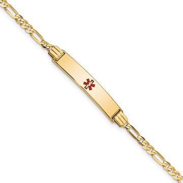 14K Medical Solid Chain/Solid Plate 26x5mm Centered Red Enamel Figaro Link 7 inch ID Bracelet