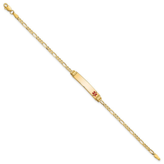 14K Medical Solid Chain/Solid Plate 26x5mm Off-Center Red Enamel Figaro Link 7 inch ID Bracelet