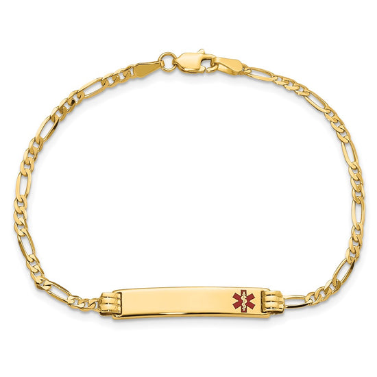 14K Medical Solid Chain/Solid Plate 26x5mm Off-Center Red Enamel Figaro Link 7 inch ID Bracelet