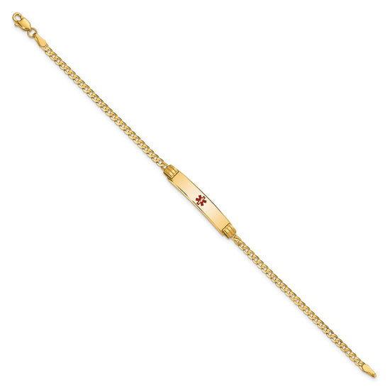 14K Medical Solid Chain/Solid Plate 26x5mm Centered Red Enamel Curb Link 7 inch ID Bracelet