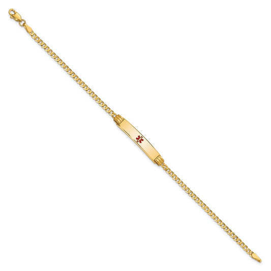 14K Medical Solid Chain/Solid Plate 26x5mm Centered Red Enamel Curb Link 7 inch ID Bracelet