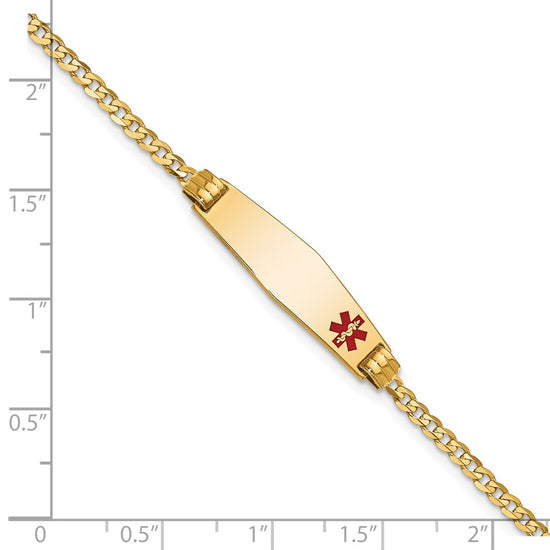14K Medical Solid Chain/Solid Plate 26x7mm Soft Diamond Shape Off-Center Red Enamel Curb Link 7 inch ID Bracelet