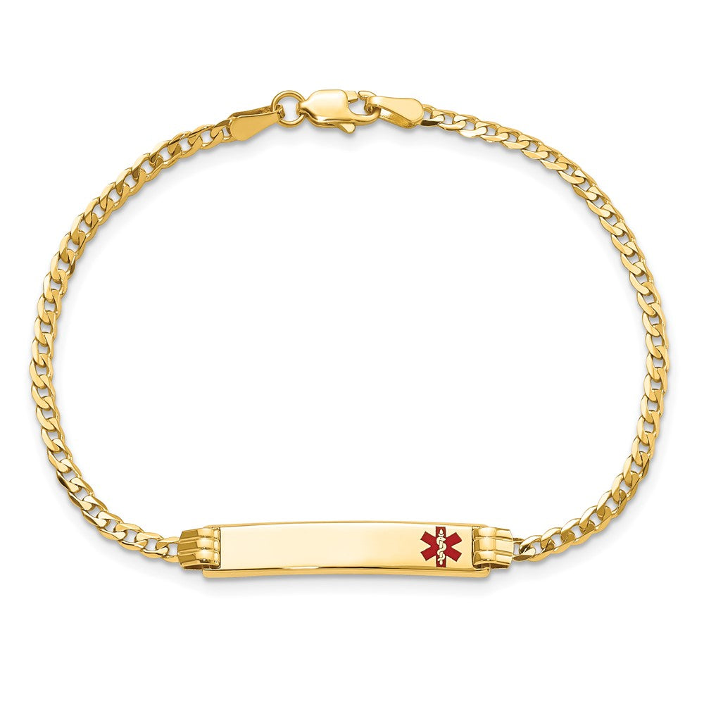 14K Medical Solid Chain/Solid Plate 26x5mm Off-Center Red Enamel Curb Link 8 inch ID Bracelet