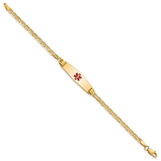14K Medical Solid Chain/Solid Plate 25x7mm Soft Diamond Shape Centered Red Enamel Anchor Link 6 inch Baby/Child ID Bracelet