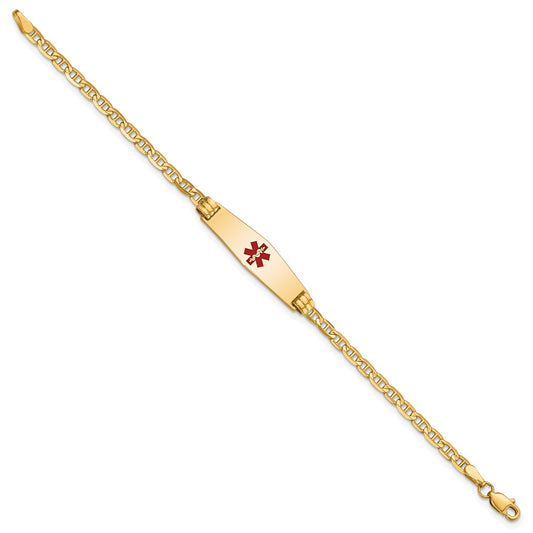 14K Medical Solid Chain/Solid Plate 25x7mm Soft Diamond Shape Centered Red Enamel Anchor Link 6 inch Baby/Child ID Bracelet