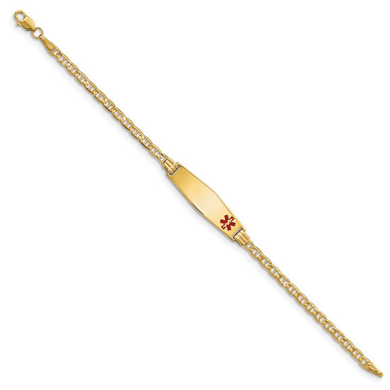 14K Medical Solid Chain/Solid Plate 26x7mm Soft Diamond Shape Off-Center Red Enamel Anchor Link 7 inch ID Bracelet