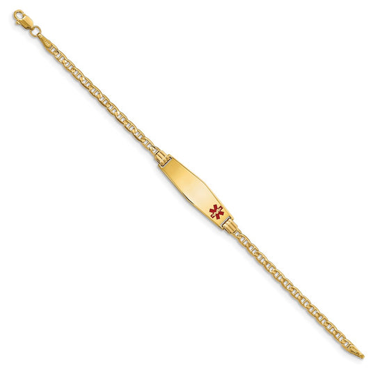 14K Medical Solid Chain/Solid Plate 26x7mm Soft Diamond Shape Off-Center Red Enamel Anchor Link 7 inch ID Bracelet