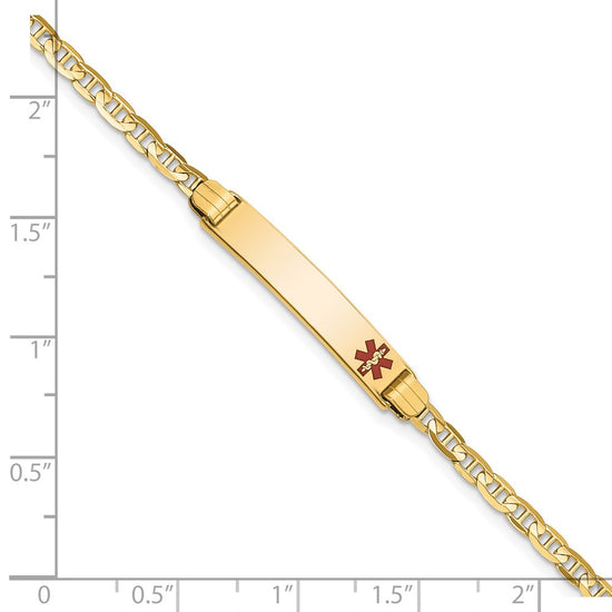 14K Medical Solid Chain/Solid Plate 26x5mm Off-Center Red Enamel Anchor Link 7 inch ID Bracelet