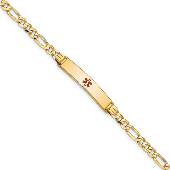 14K Medical Solid Chain/Solid Plate 26x5mm Centered Red Enamel Figaro Link 8 inch ID Bracelet
