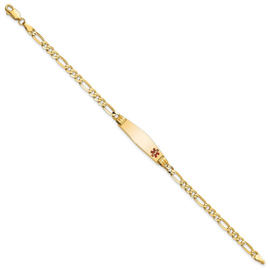 14K Medical Solid Chain/Solid Plate 26x7mm Soft Diamond Shape Off-Center Red Enamel Figaro Link 8 inch ID Bracelet