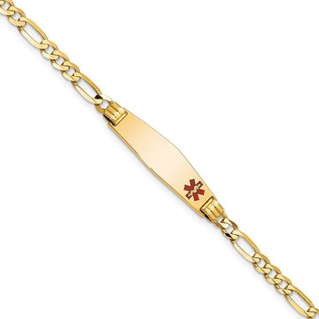 14K Medical Solid Chain/Solid Plate 26x7mm Soft Diamond Shape Off-Center Red Enamel Figaro Link 8 inch ID Bracelet
