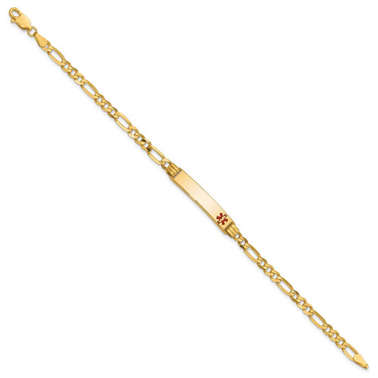 14K Medical Solid Chain/Solid Plate 26x5mm Off-Center Red Enamel Figaro Link 7 inch ID Bracelet
