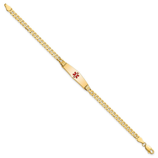 14K Medical Solid Chain/Solid Plate 24x7mm Soft Diamond Shape Centered Red Enamel Curb Link 8 inch ID Bracelet