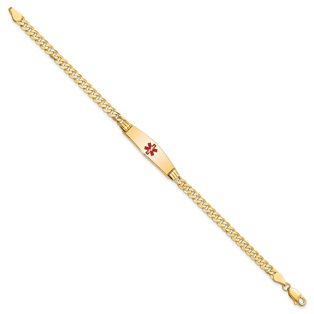 14K Medical Solid Chain/Solid Plate 24x7mm Soft Diamond Shape Centered Red Enamel Curb Link 8 inch ID Bracelet