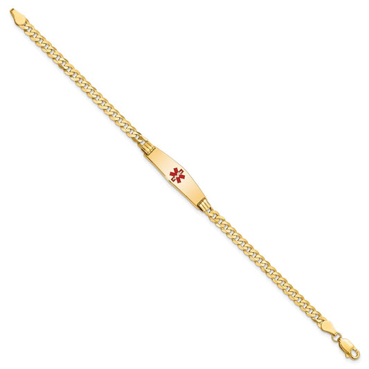 14K Medical Solid Chain/Solid Plate 24x7mm Soft Diamond Shape Centered Red Enamel Curb Link 8 inch ID Bracelet