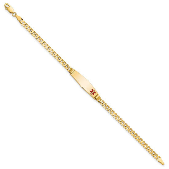 14K Medical Solid Chain/Solid Plate 26x7mm Soft Diamond Shape Off-Center Red Enamel Curb Link 8 inch ID Bracelet