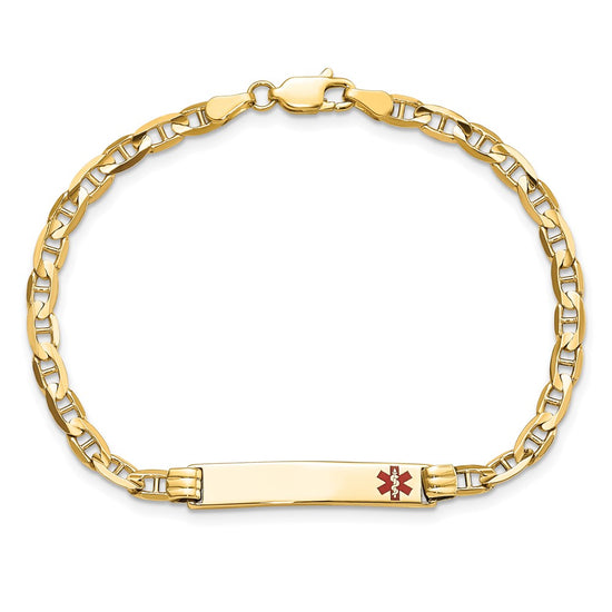 14K Medical Solid Chain/Solid Plate 26x5mm Off-Center Red Enamel Anchor Link 7 inch ID Bracelet