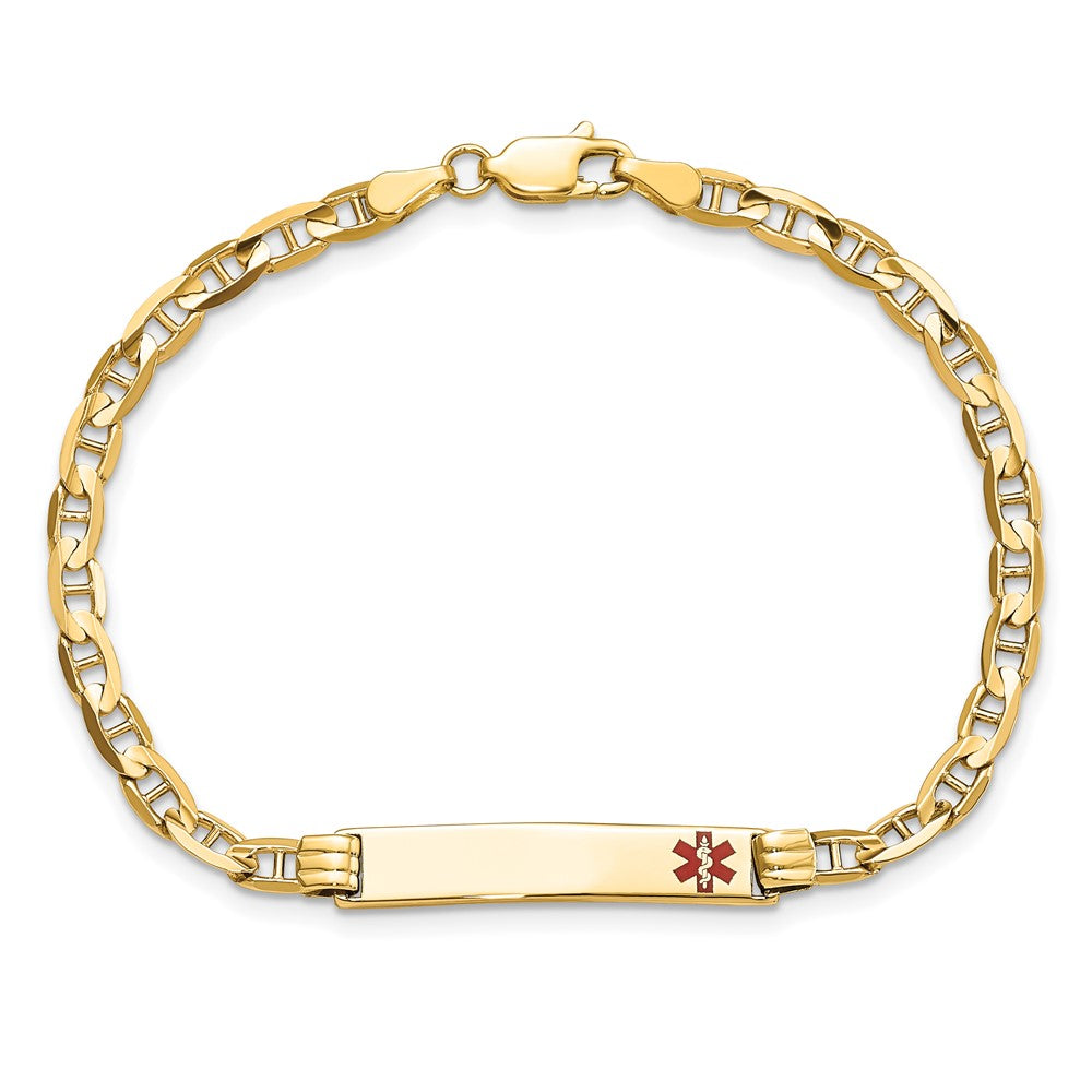 14K Medical Solid Chain/Solid Plate 26x5mm Off-Center Red Enamel Anchor Link 7 inch ID Bracelet
