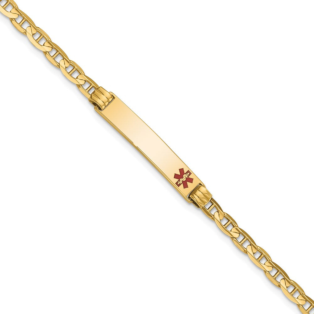 14K Medical Solid Chain/Solid Plate 26x5mm Off-Center Red Enamel Anchor Link 8 inch ID Bracelet