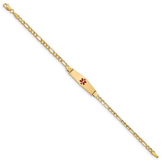 14K Medical Semi-Solid Chain/Solid Plate 26x7mm Soft Diamond Shape Centered Red Enamel Figaro Link 8 inch ID Bracelet