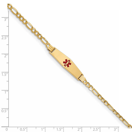14K Medical Semi-Solid Chain/Solid Plate 26x7mm Soft Diamond Shape Centered Red Enamel Figaro Link 8 inch ID Bracelet