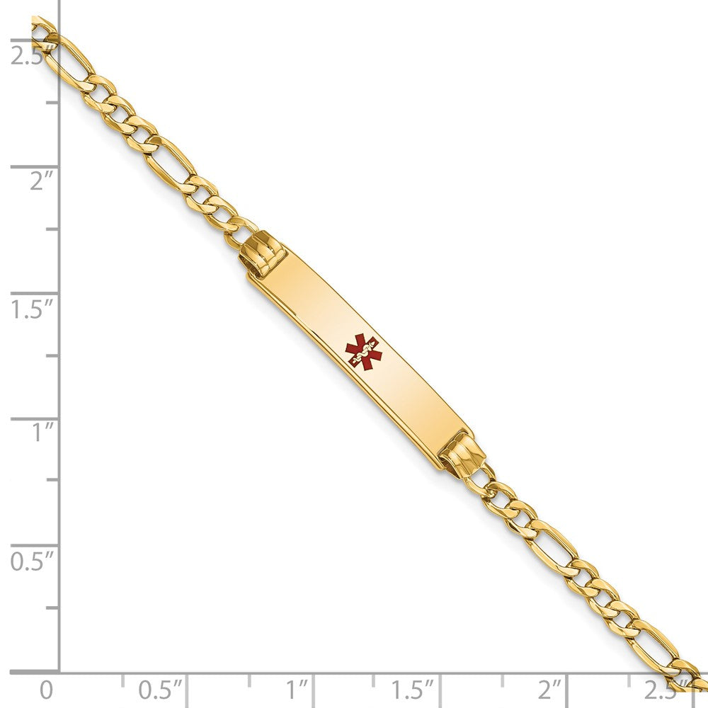 14K Medical Semi-Solid Chain/Solid Plate 26x5mm Centered Red Enamel Figaro Link 7 inch ID Bracelet