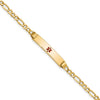 14K Medical Semi-Solid Chain/Solid Plate 26x5mm Centered Red Enamel Figaro Link 7 inch ID Bracelet