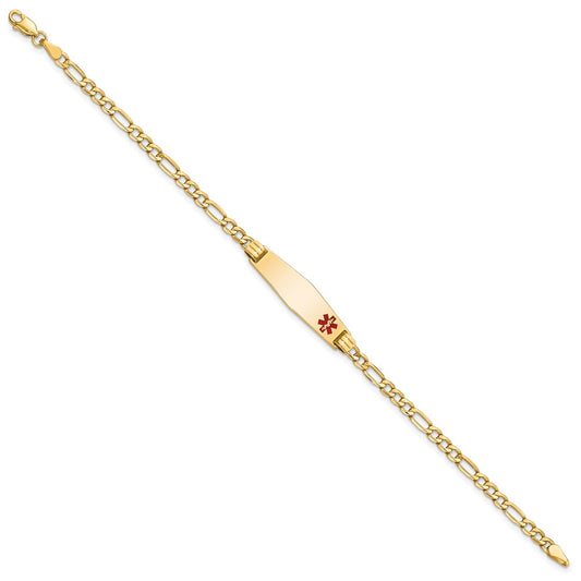 14K Medical Semi-Solid Chain/Solid Plate 26x7mm Soft Diamond Shape Off-Center Red Enamel Figaro Link 7 inch ID Bracelet
