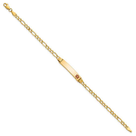 14k Medical Semi-Solid Chain/Solid Plate 26x5mm Off-Center Red Enamel Figaro Link 8 inch ID Bracelet