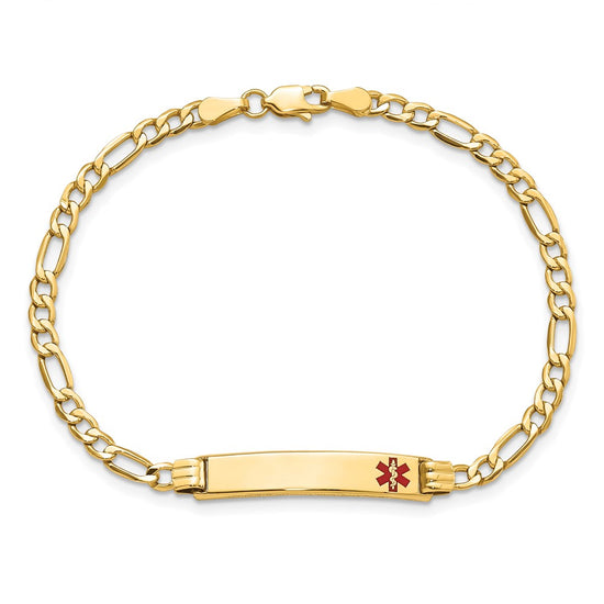 14k Medical Semi-Solid Chain/Solid Plate 26x5mm Off-Center Red Enamel Figaro Link 8 inch ID Bracelet