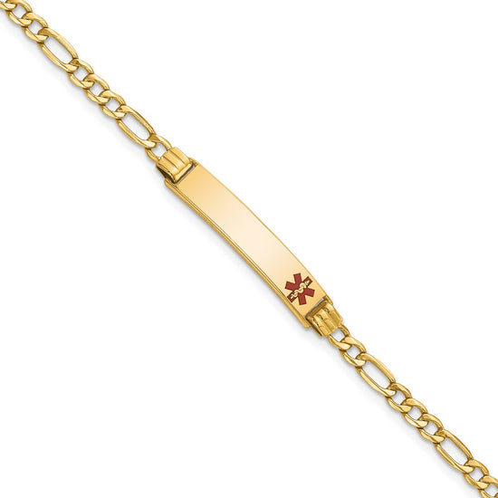 14k Medical Semi-Solid Chain/Solid Plate 26x5mm Off-Center Red Enamel Figaro Link 8 inch ID Bracelet
