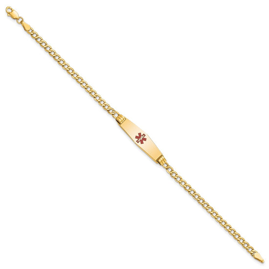 14K Medical Semi-Solid Chain/Solid Plate 26x7mm Soft Diamond Shape Centered Red Enamel Cuban Link 7 inch ID Bracelet