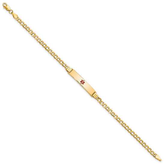 14K Medical Semi-Solid Chain/Solid Plate 26x5mm Centered Red Enamel Cuban Link 7 inch ID Bracelet